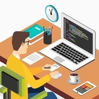 Person working on computer. Programming or coding concept. Modern isometric illustration for Web Banner , Website Element , Brochures, or Book cover vector