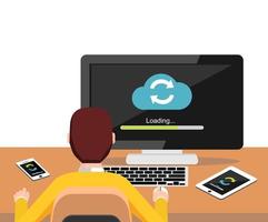 Cloud syncing process on desktop screen concept. Person working on computer. Modern flat design for Web Banner , Website Element , Brochures, or Book cover vector