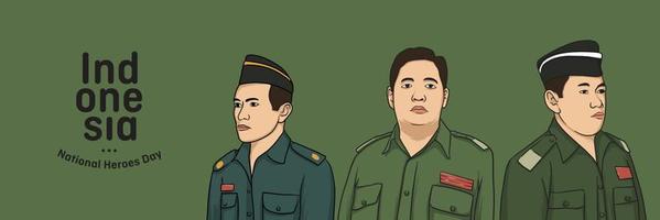 Indonesian heroes day background with isolated portrait illustration of revolution heroes vector