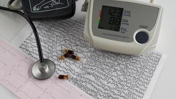 modern electric tonometer and a stethoscope on a cardiogram chart. household blood pressure monitor photo