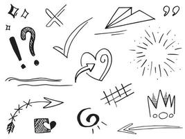 Abstract arrows, ribbons, crowns, hearts, explosions and other elements in hand drawn style for concept design. Doodle illustration. Vector template for decoration