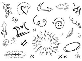 Abstract arrows, ribbons, crowns, hearts, explosions and other elements in hand drawn style for concept design. Doodle illustration. Vector template for decoration