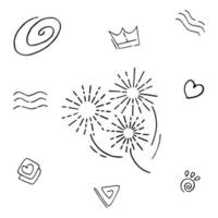 Abstract arrows, ribbons, crowns, hearts, explosions and other elements in hand drawn style for concept design. Doodle illustration. Vector template for decoration