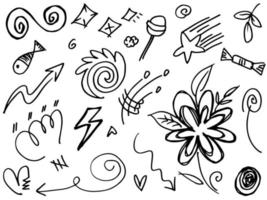 Abstract arrows, ribbons, crowns, hearts, explosions and other elements in hand drawn style for concept design. Doodle illustration. Vector template for decoration