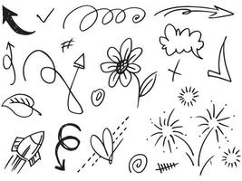 Abstract arrows, ribbons, crowns, hearts, explosions and other elements in hand drawn style for concept design. Doodle illustration. Vector template for decoration