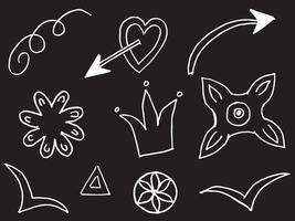 Abstract arrows, ribbons, crowns, hearts, explosions and other elements in hand drawn style for concept design. Doodle illustration. Vector template for decoration