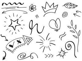 Abstract arrows, ribbons, crowns, hearts, explosions and other elements in hand drawn style for concept design. Doodle illustration. Vector template for decoration