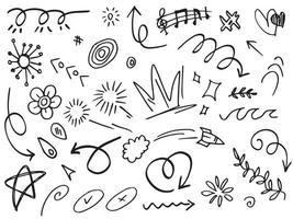 Abstract arrows, ribbons, crowns, hearts, explosions and other elements in hand drawn style for concept design. Doodle illustration. Vector template for decoration