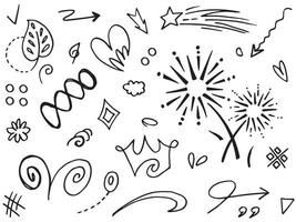 Abstract arrows, ribbons, crowns, hearts, explosions and other elements in hand drawn style for concept design. Doodle illustration. Vector template for decoration