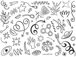 Abstract arrows, ribbons, crowns, hearts, explosions and other elements in hand drawn style for concept design. Doodle illustration. Vector template for decoration