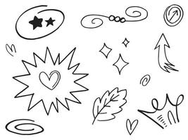 Abstract arrows, ribbons, crowns, hearts, explosions and other elements in hand drawn style for concept design. Doodle illustration. Vector template for decoration