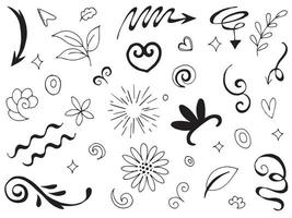 Abstract arrows, ribbons, crowns, hearts, explosions and other elements in hand drawn style for concept design. Doodle illustration. Vector template for decoration