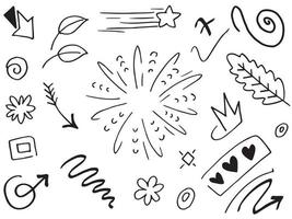 Abstract arrows, ribbons, crowns, hearts, explosions and other elements in hand drawn style for concept design. Doodle illustration. Vector template for decoration