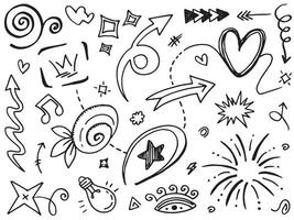 Abstract arrows, ribbons, crowns, hearts, explosions and other elements in hand drawn style for concept design. Doodle illustration. Vector template for decoration