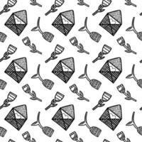 Set of vector seamless patterns. Hearts, flowers, gifts and letters in doodle style. Pack of surface design with love concept. Background for cards, social media posts, printing on wrapping paper.