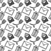 Set of vector seamless patterns. Hearts, flowers, gifts and letters in doodle style. Pack of surface design with love concept. Background for cards, social media posts, printing on wrapping paper.