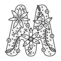 alfabeto floral. garabato incoloro letra m. libro para colorear para adultos y niños.