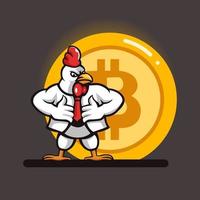 ilustración del gerente de pollo con corbata con moneda criptográfica