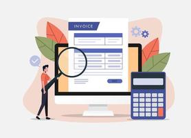 Invoice concept. Man holds magnify glass with calculator icon. Business transaction and payment vector illustration