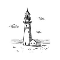 Old lighthouse on the sea shore vector sketch illustration