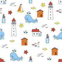 Seamless vector pattern with lighthouse and sea animals