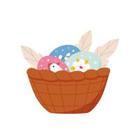 Hand-painted Easter eggs lie in wicker basket. Vector illustration