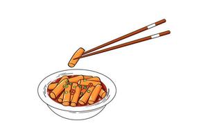 Korean rice cakes tteokbokki in hot spicy sauce. Sketch vector illustration
