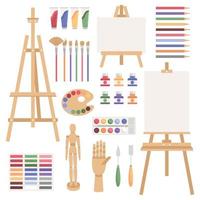 Paint arts tool kit. Artists supplies, watercolor, easel, palette, wooden mannequin and hand figure, painting brush and draw materials. Set of artistic materials isolated on white background. vector