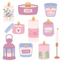Hygge set of various scented aroma candles. Collection of cozy candles. Flat vector illustration on white background.