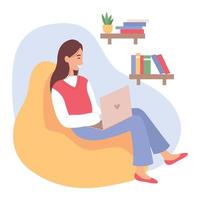 Girl works with a laptop. A woman is sitting in a beanbag chair. Remote work from home. Freelance. Flat vector illustration on a white background.