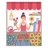 A girl sells flowers at stall counter. Street market kiosk with flowers for sale. Floristic marketplace tent isolated on white background. vector