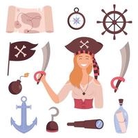 conjunto pirata de paquete sobre fondo blanco. chica pirata, daga, botella con carta, bandera pirata, ancla, mapa del tesoro, bomba.