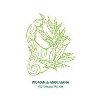 Woman with marijuana leaves, cannabis logo design, green logo, vector illustration.