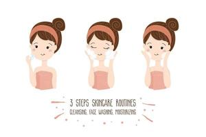 Woman with skincare routines steps, cleansing, face washing, moisturizing, vector illustration.
