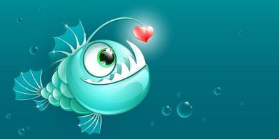Funny cartoon anglerfish with heart lure.