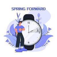 Spring forward concept with male character checking time vector