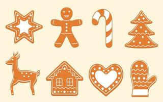 juego de galletas de jengibre. ilustración vectorial de Navidad para hornear en azúcar glas aislado sobre fondo blanco. estilo plano de dibujos animados vector