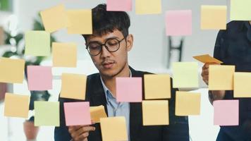 Group of Asian creative men workshop and brainstorm in front of mirror board. Young professional business team working create strategy, business situation, startup in Loft office concept. photo