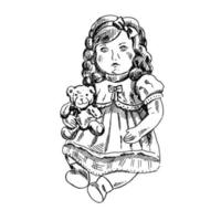 A hand-drawn ink sketch of  a vintage doll. Outline on a white background, vintage vector illustration.   Vintage sketch element for labels, packaging and cards design.