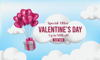 Gift boxes with heart balloon floating it the sky, Happy Valentine's Day banners, 3d realistic style vector