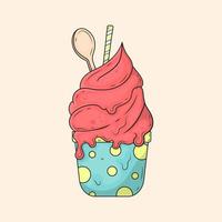 Vector hand drawn create design, Melting ice cream cup with wooden spoon.