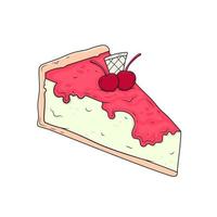 Vector hand drawn design, Melting cream slice cake with cherry topping on white background.