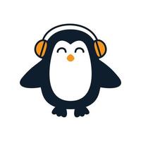 pingüino con auriculares música lindo dibujo animado logo icono ilustración vector