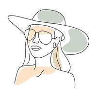 mujer con sombrero y gafas estilo de una línea dibujada vector