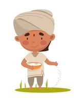 Indian farmer. A farmer sows rice in the field. Vector illustration in a flat cartoon style