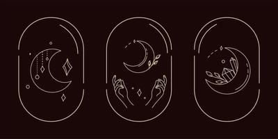 Magical symbols set of doodles esoteric boho mystical hand-drawn elements stone crystals. In gold color on a black background. Magical vector elements