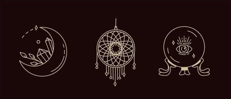 Magical symbols set of doodles esoteric boho mystical hand-drawn elements stone crystals. In gold color on a black background. Magical vector elements