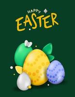 Easter day design. Realistic Easter eggs on a green background. Holiday banner, web poster, flyer, stylish brochure, greeting card, cover. Vector Easter background