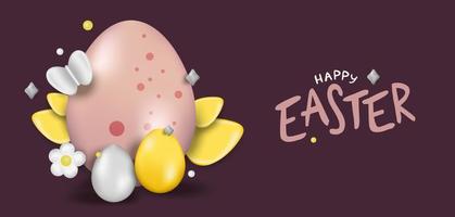 Easter day design. Realistic Easter eggs on a burgundy background. Holiday banner, web poster, flyer, stylish brochure, greeting card, cover. Vector Easter background