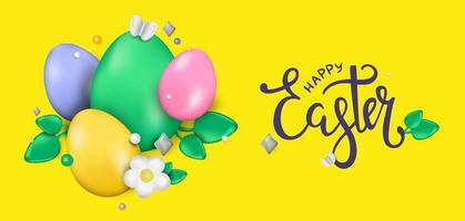 Easter day design. Realistic Easter eggs on a yellow background. Holiday banner, web poster, flyer, stylish brochure, greeting card, cover. Vector Easter background